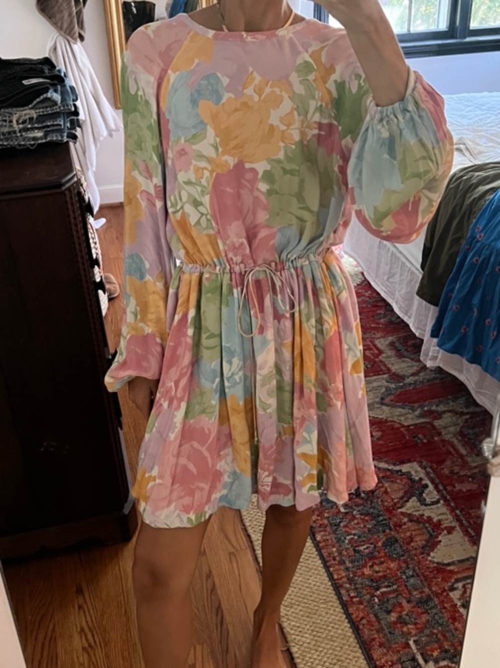 STINE GOYA Pastel Floral Drawstring Waist Mini Dress